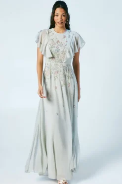 Flutter Sleeve Embellished Ditsy Floral Bridesmaids Dress