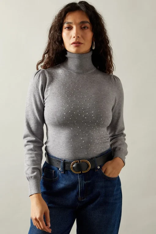 Foil Embellished Roll Neck Jumper