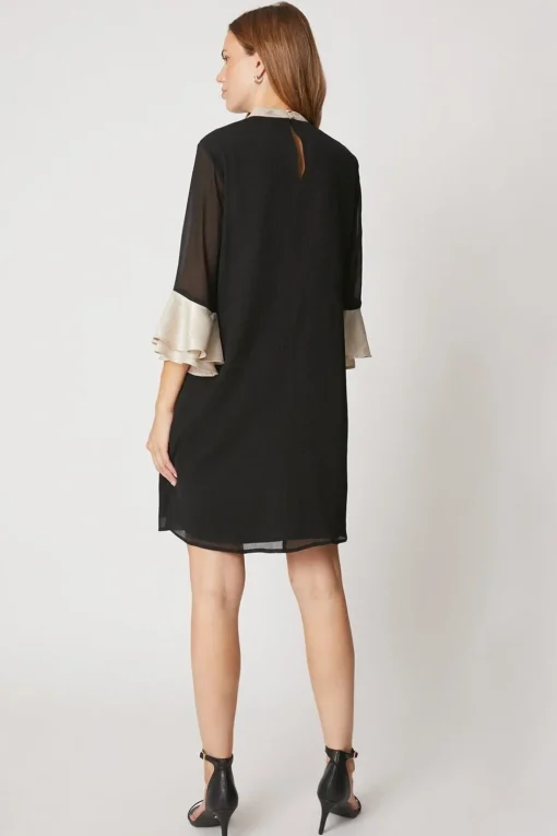 Foil Trim Ruffle Sleeve Shift Dress