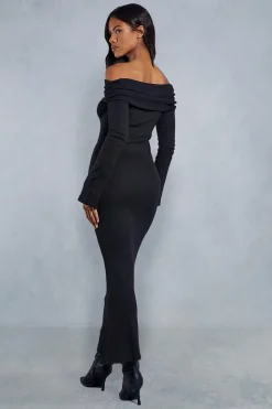 Fold Over Bardot Rib Maxi Dress