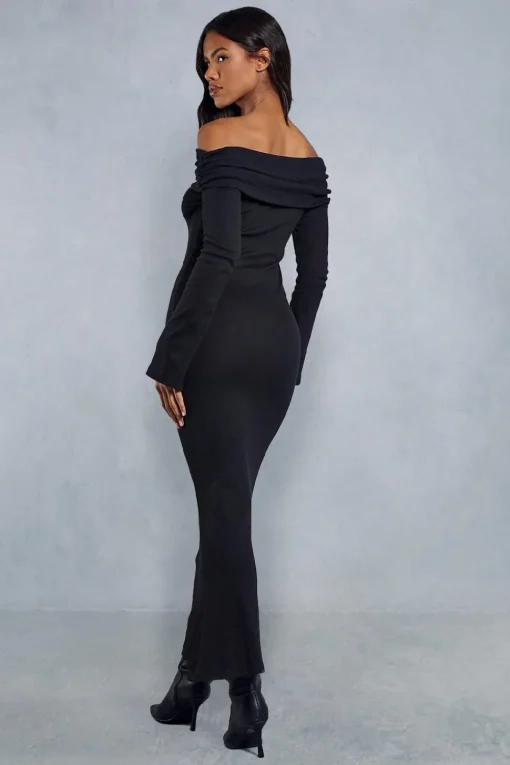 Fold Over Bardot Rib Maxi Dress