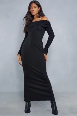 Fold Over Bardot Rib Maxi Dress