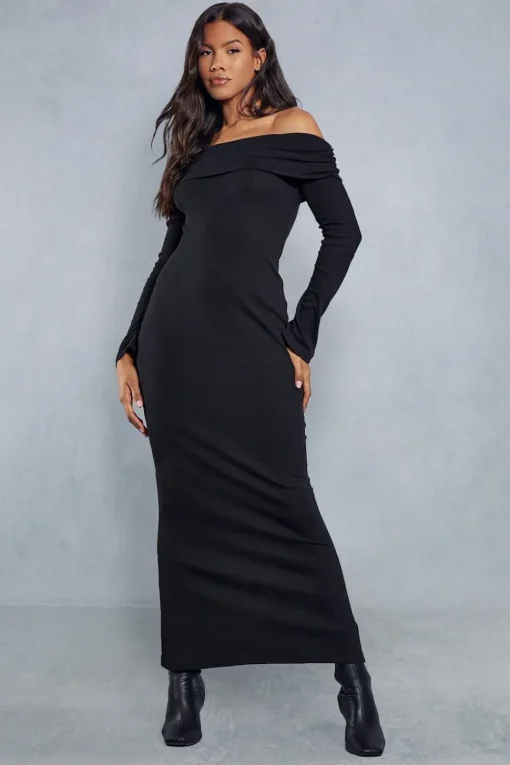 Fold Over Bardot Rib Maxi Dress