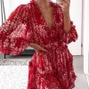 Frill & Back Detail Tiered Mini Dress In Red Floral Print