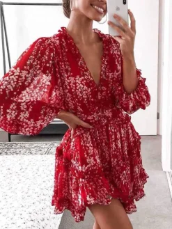 Frill & Back Detail Tiered Mini Dress In Red Floral Print