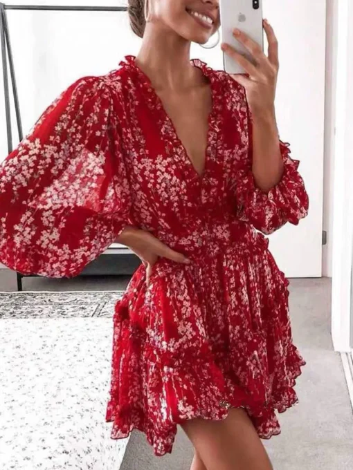 Frill & Back Detail Tiered Mini Dress In Red Floral Print