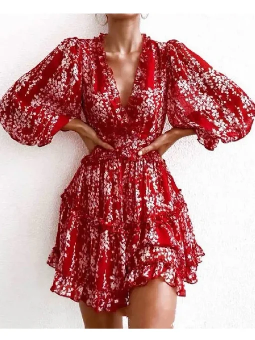 Frill & Back Detail Tiered Mini Dress In Red Floral Print