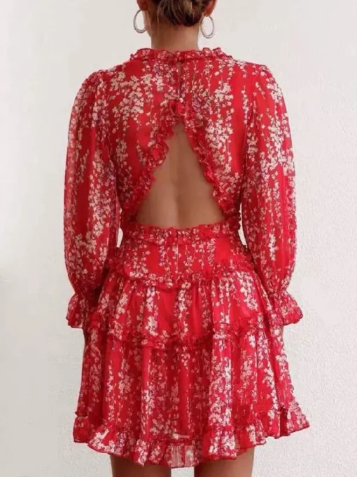 Frill & Back Detail Tiered Mini Dress In Red Floral Print