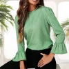 Frill Cuff Long Sleeve Blouse Top In Green Polka Dot