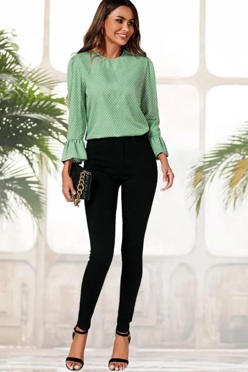 Frill Cuff Long Sleeve Blouse Top In Green Polka Dot
