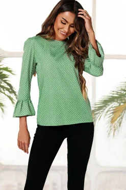 Frill Cuff Long Sleeve Blouse Top In Green Polka Dot