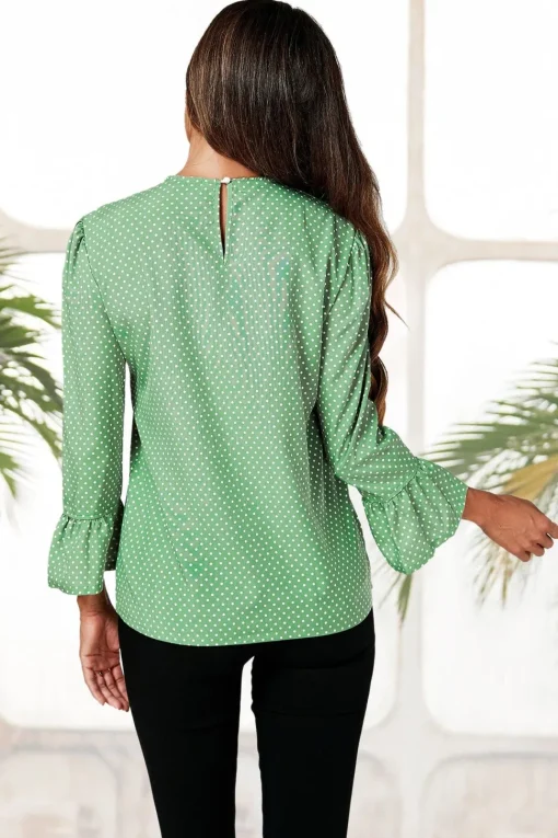 Frill Cuff Long Sleeve Blouse Top In Green Polka Dot