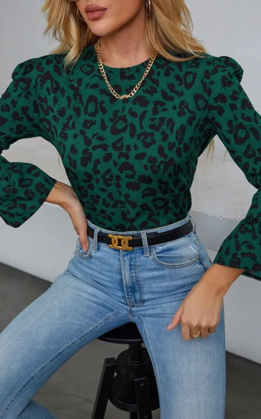 Frill Detail Cuff Top In Green Leopard