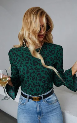 Frill Detail Cuff Top In Green Leopard