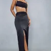 Gathered Mesh Satin Split Front Maxi Skirt