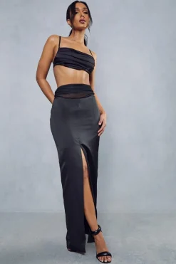 Gathered Mesh Satin Split Front Maxi Skirt