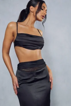 Gathered Mesh Satin Split Front Maxi Skirt