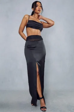 Gathered Mesh Satin Split Front Maxi Skirt