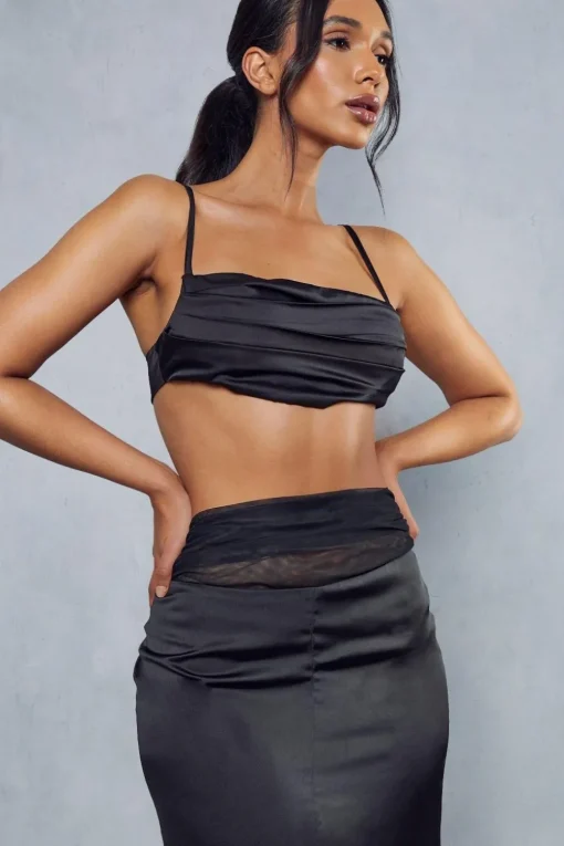 Gathered Mesh Satin Split Front Maxi Skirt