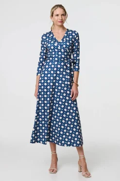 Geo Print 3/4 Sleeve Midi Wrap Dress