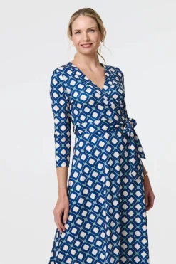 Geo Print 3/4 Sleeve Midi Wrap Dress