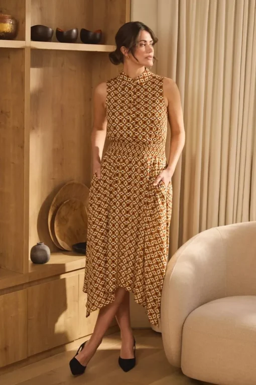 Geo Print Sleeveless Midi Shirt Dress