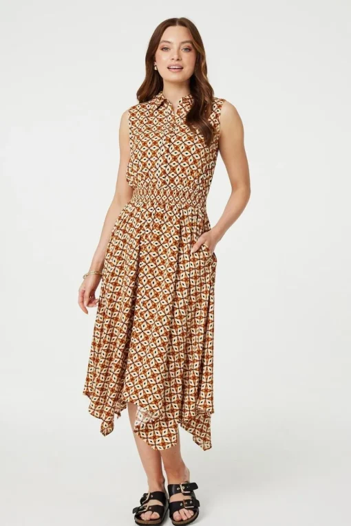 Geo Print Sleeveless Midi Shirt Dress