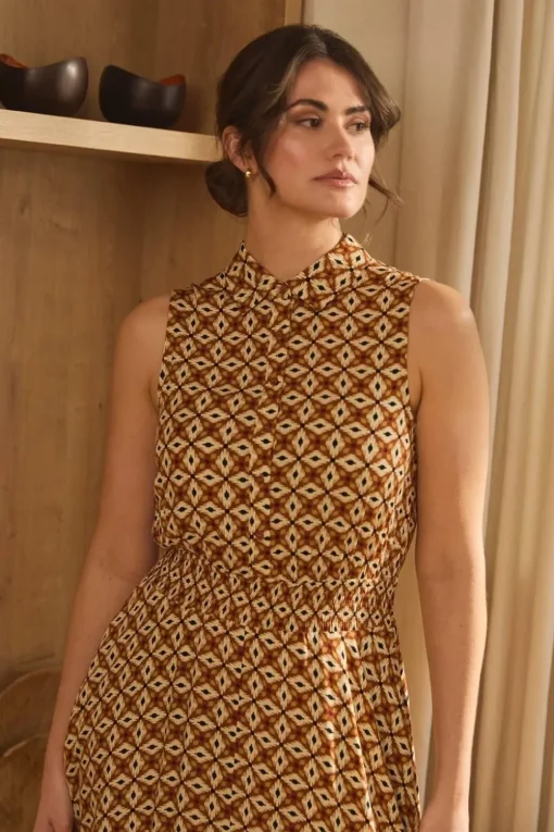Geo Print Sleeveless Midi Shirt Dress