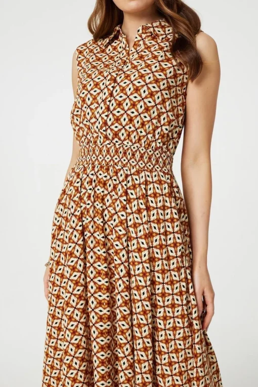 Geo Print Sleeveless Midi Shirt Dress