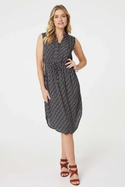 Geo Print Sleeveless Zip Front Midi Dress