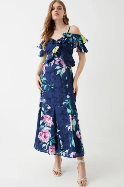 Georgette Jacquard Frill Midi Dress