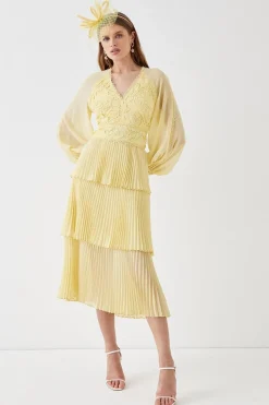 Georgette Lace Tiered Midi Dress With Blouson Sleeve