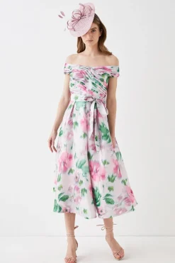 Glossy Organza Bardot Midi Dress