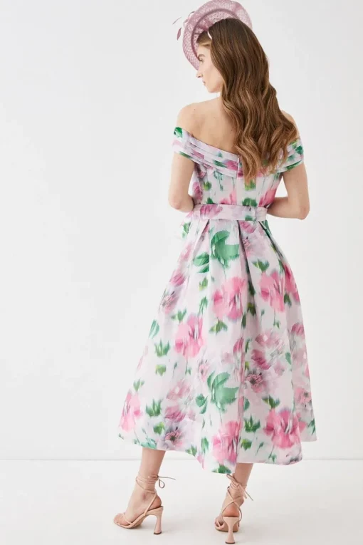 Glossy Organza Bardot Midi Dress