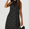 Gold Foil Halter Neck Tie Back Mini Dress In Black
