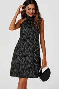 Gold Foil Halter Neck Tie Back Mini Dress In Black