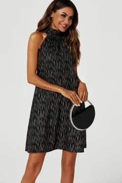 Gold Foil Halter Neck Tie Back Mini Dress In Black
