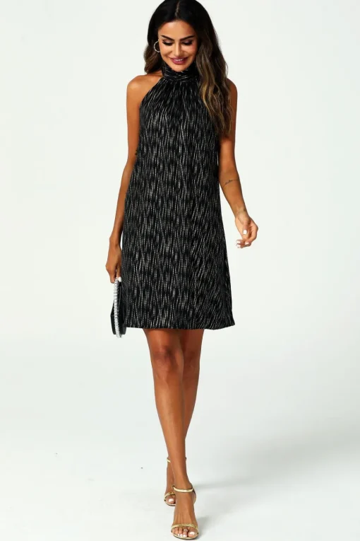 Gold Foil Halter Neck Tie Back Mini Dress In Black