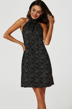 Gold Foil Halter Neck Tie Back Mini Dress In Black