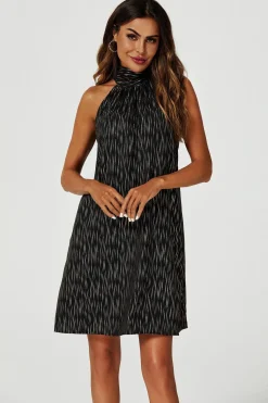 Gold Foil Halter Neck Tie Back Mini Dress In Black