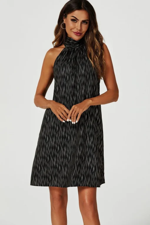 Gold Foil Halter Neck Tie Back Mini Dress In Black