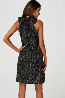 Gold Foil Halter Neck Tie Back Mini Dress In Black