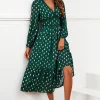 Gold Foil Lace Trim Long Sleeve Midi Dress