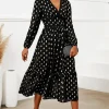 Gold Foil Lace Trim Long Sleeve Midi Dress