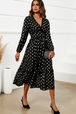 Gold Foil Lace Trim Long Sleeve Midi Dress