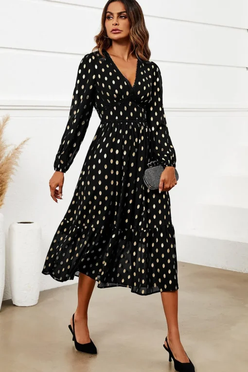 Gold Foil Lace Trim Long Sleeve Midi Dress