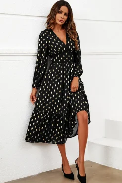 Gold Foil Lace Trim Long Sleeve Midi Dress