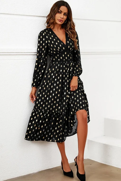 Gold Foil Lace Trim Long Sleeve Midi Dress