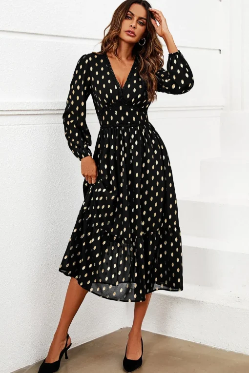 Gold Foil Lace Trim Long Sleeve Midi Dress