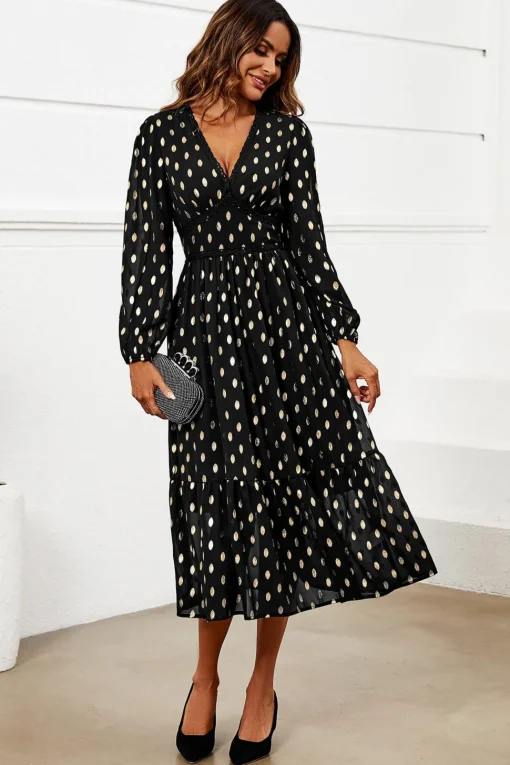 Gold Foil Lace Trim Long Sleeve Midi Dress